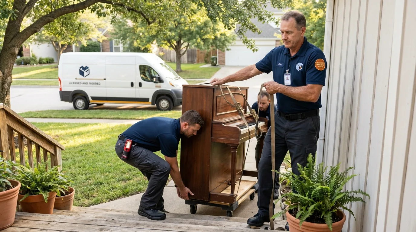 Licensed piano movers securing grand piano in Marion, KY