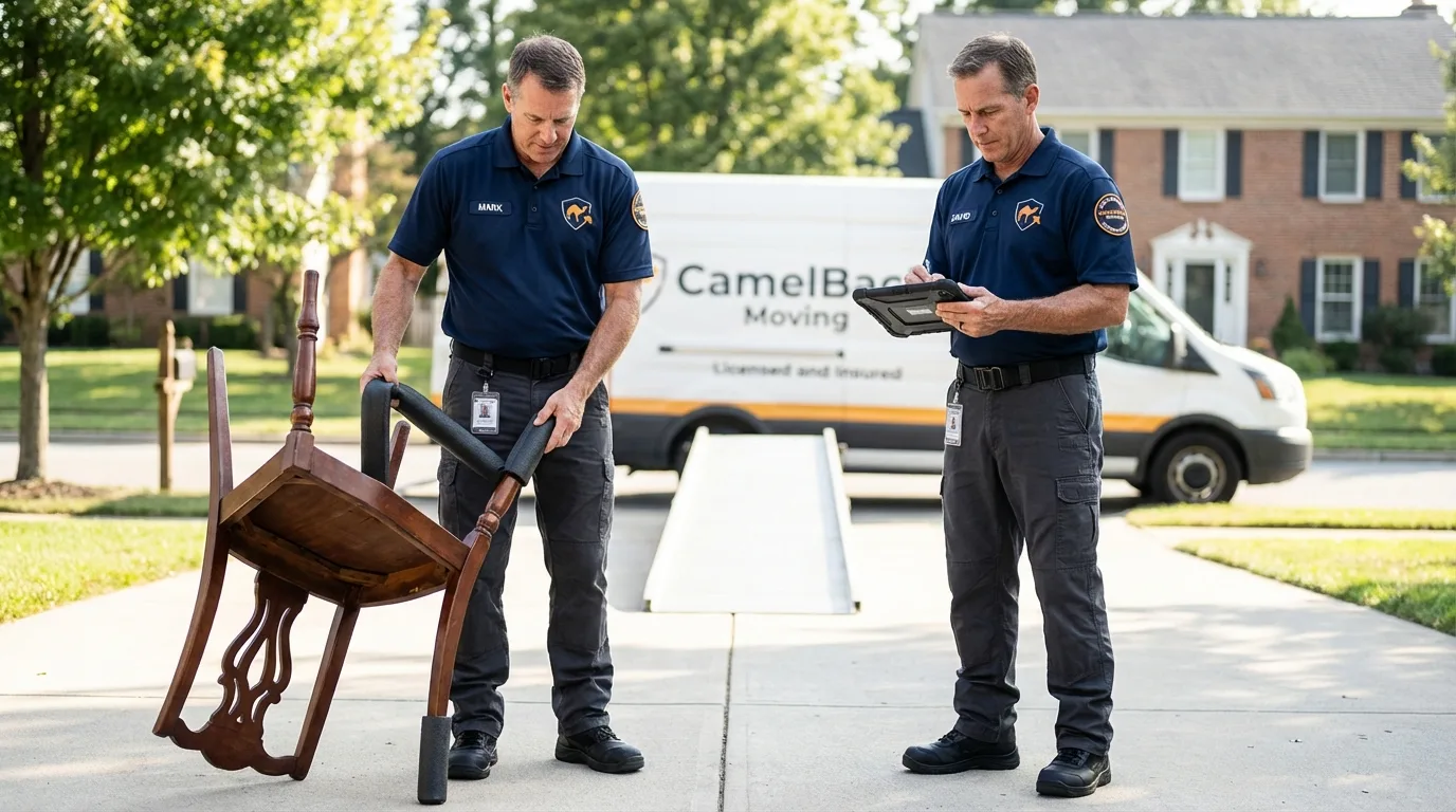 Movers inspecting furniture for damage prevention before loading in Marion, KY
