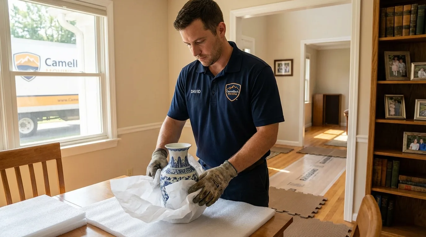 Professional crew carefully wrapping antique vase for senior downsizing move in Marion, KY